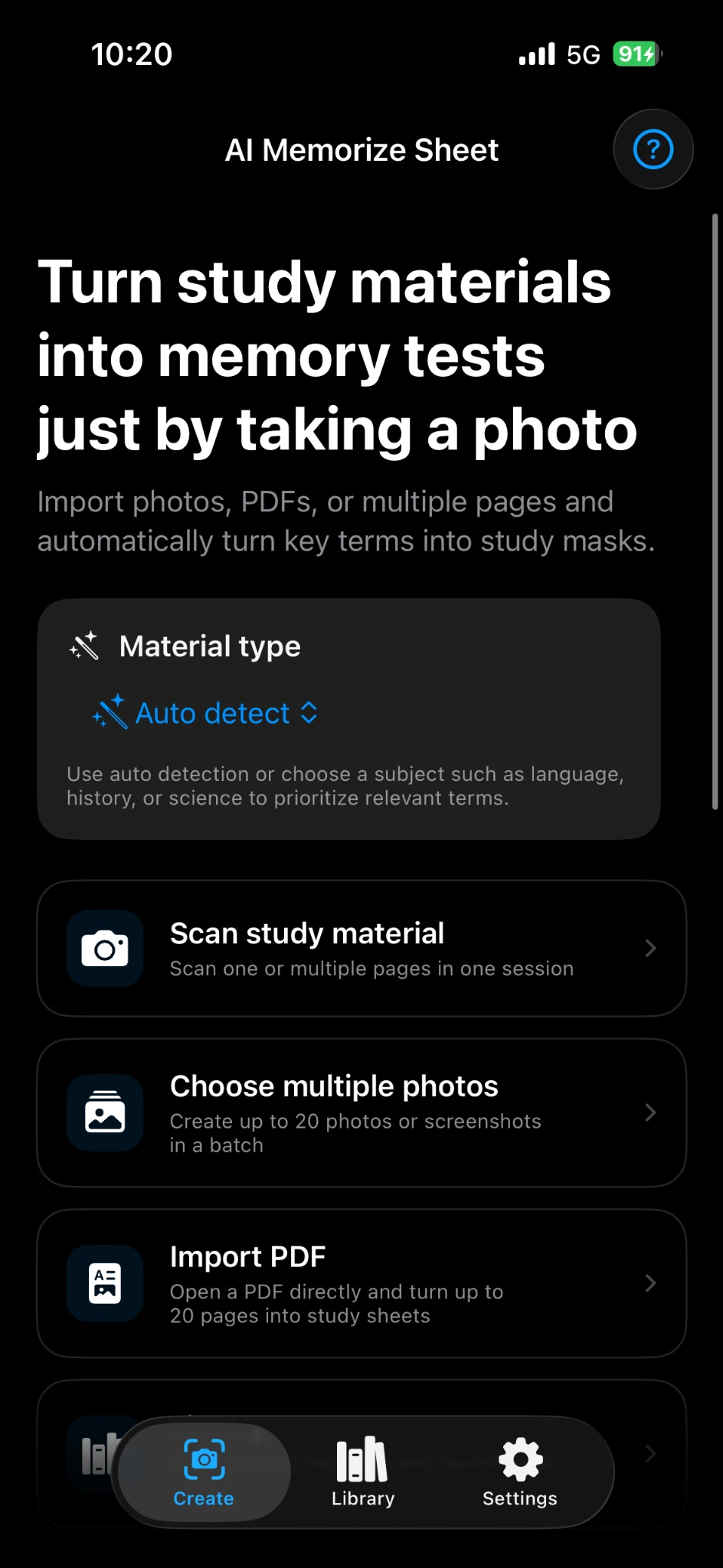 AI Memorize Sheet home screen