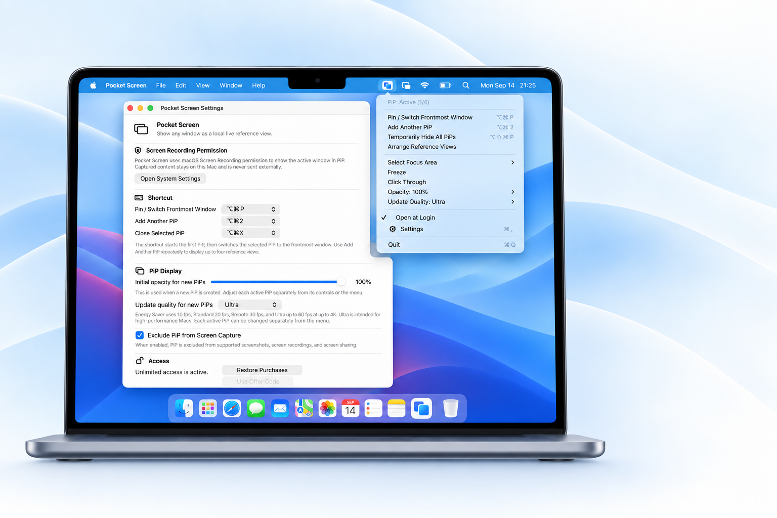 Pocket Screen settings with simple controls and quality choices