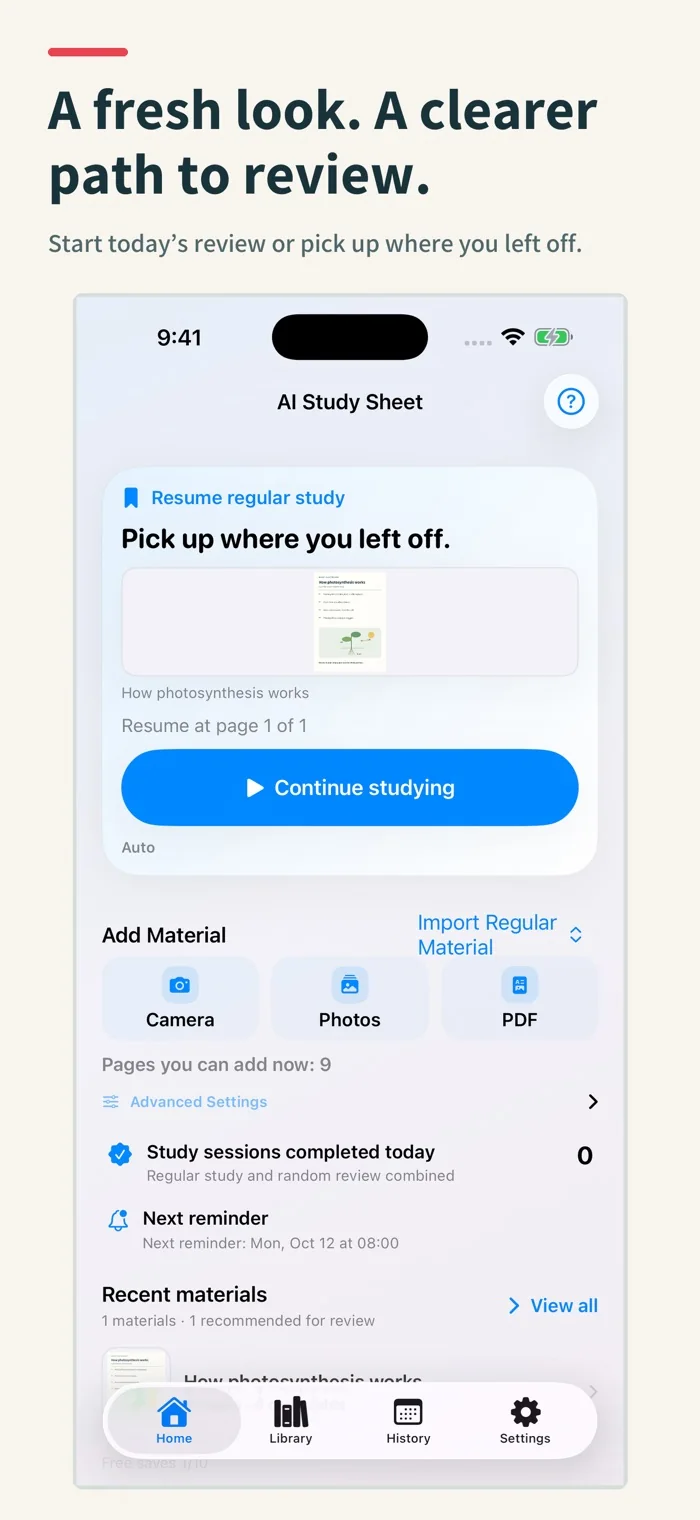 AI Study Sheet creation screen